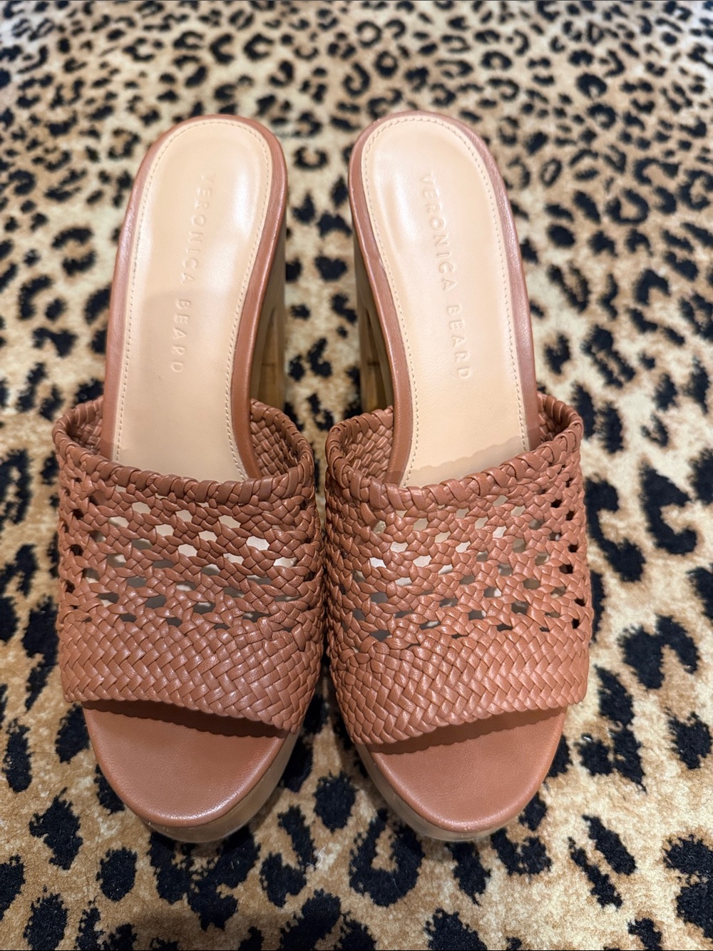 Veronica Beard Braided Leather Slide Mules in Cognac Brown
